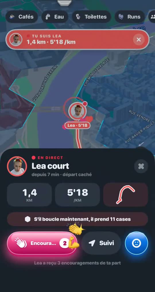 A friend, Lea, running live: 1.4 km at 5'18 per km, with a button to cheer her on.