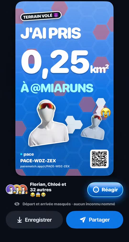 A card to share: “I took 0.25 km² from @miaruns”.